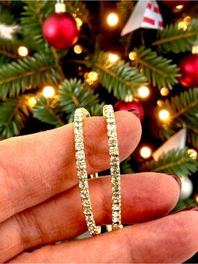 Vintage Gold Rhinestone Hoop Earrings 1.5” Titanium Posts Sparkly  Hoops NWT